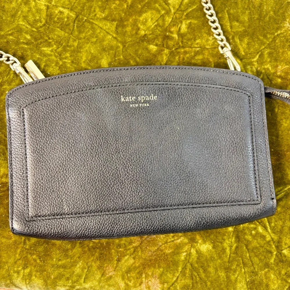 Kate Spade New York Black Pebbled Leather Crossbody Bag Gold Chain Strap